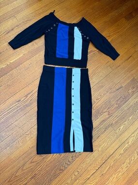 New York & Company Black Pencil Skirt with Blue and Light Gray Vertical Panels